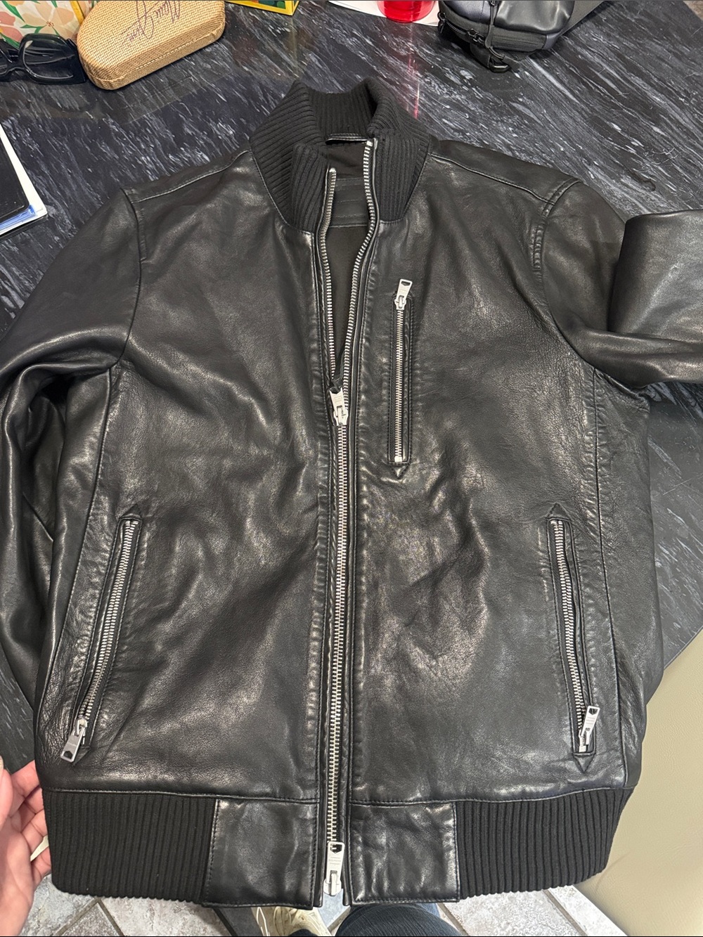 AllSaints Black Leather Bomber Jacket with Ribbed Hem & Collar